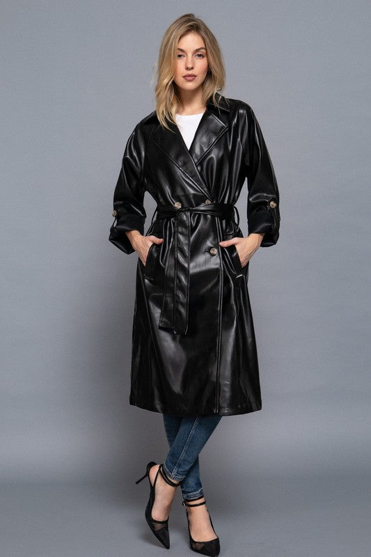 Double Breasted Faux Leather Trench Coat