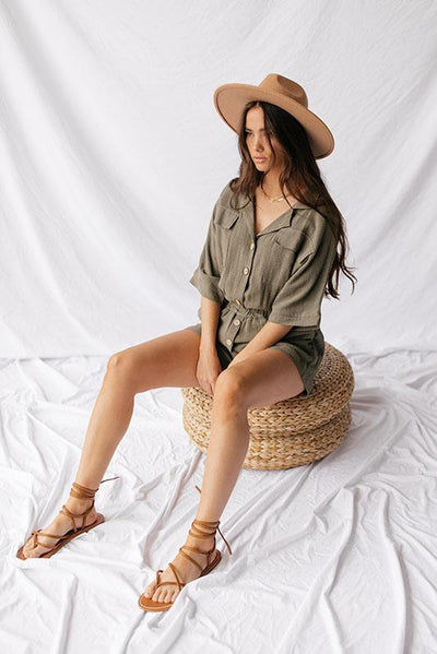 Easy Breezy Button Front Romper - Olive + Paix