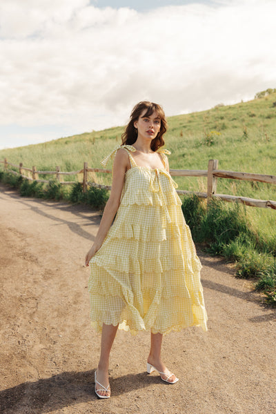 Mellow Yellow Tiered Gingham Midi Dress - Olive + Paix