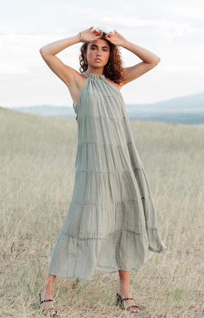 Mirella Halter Tiered Maxi Dress in Sage - Olive + Paix
