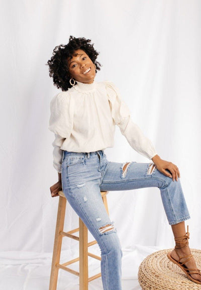 puffy, high neck, off white, long sleeve blouse